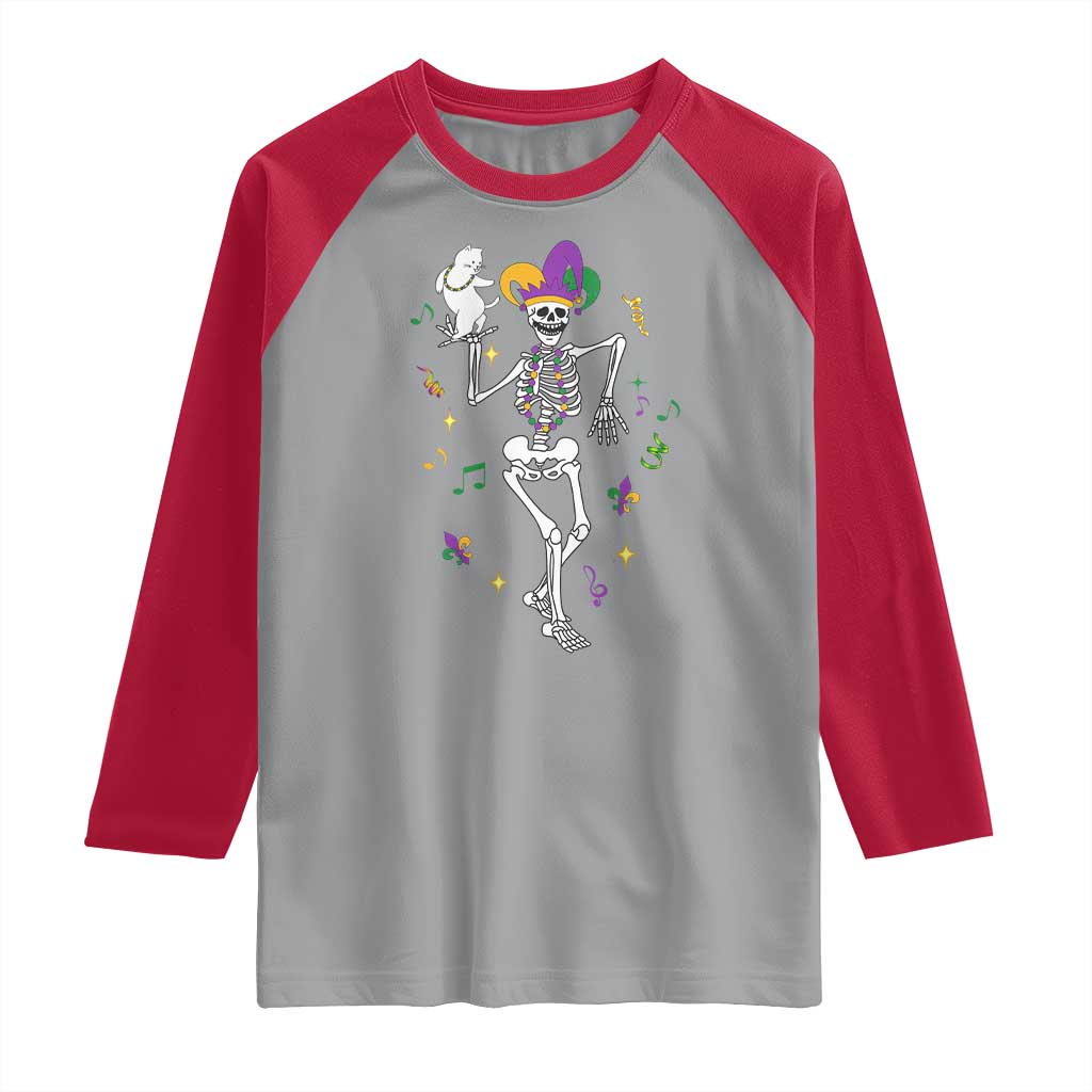Mardi Gras Funny Jester Skeleton Dancing With Cat Raglan Shirt TS09 Sport Gray Red Print Your Wear