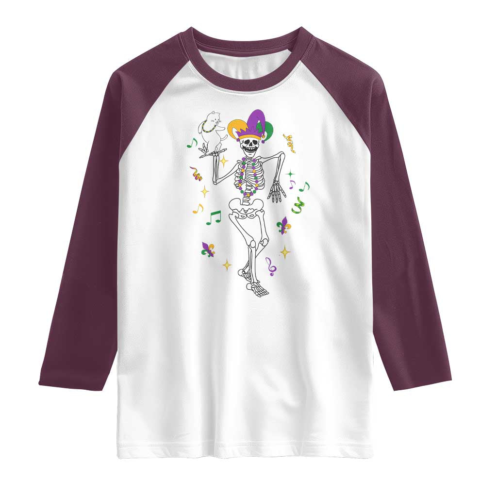Mardi Gras Funny Jester Skeleton Dancing With Cat Raglan Shirt TS09 White Maroon Print Your Wear