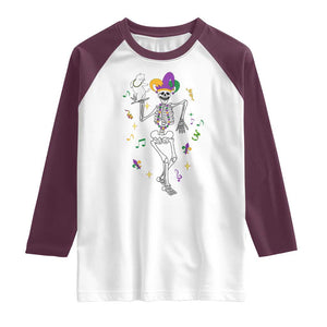 Mardi Gras Funny Jester Skeleton Dancing With Cat Raglan Shirt TS09 White Maroon Print Your Wear
