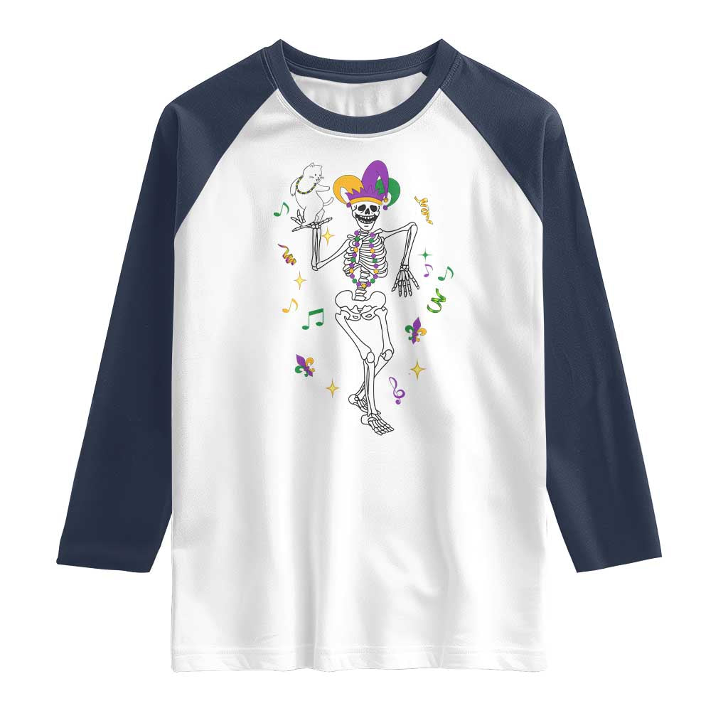 Mardi Gras Funny Jester Skeleton Dancing With Cat Raglan Shirt TS09 White Navy Print Your Wear