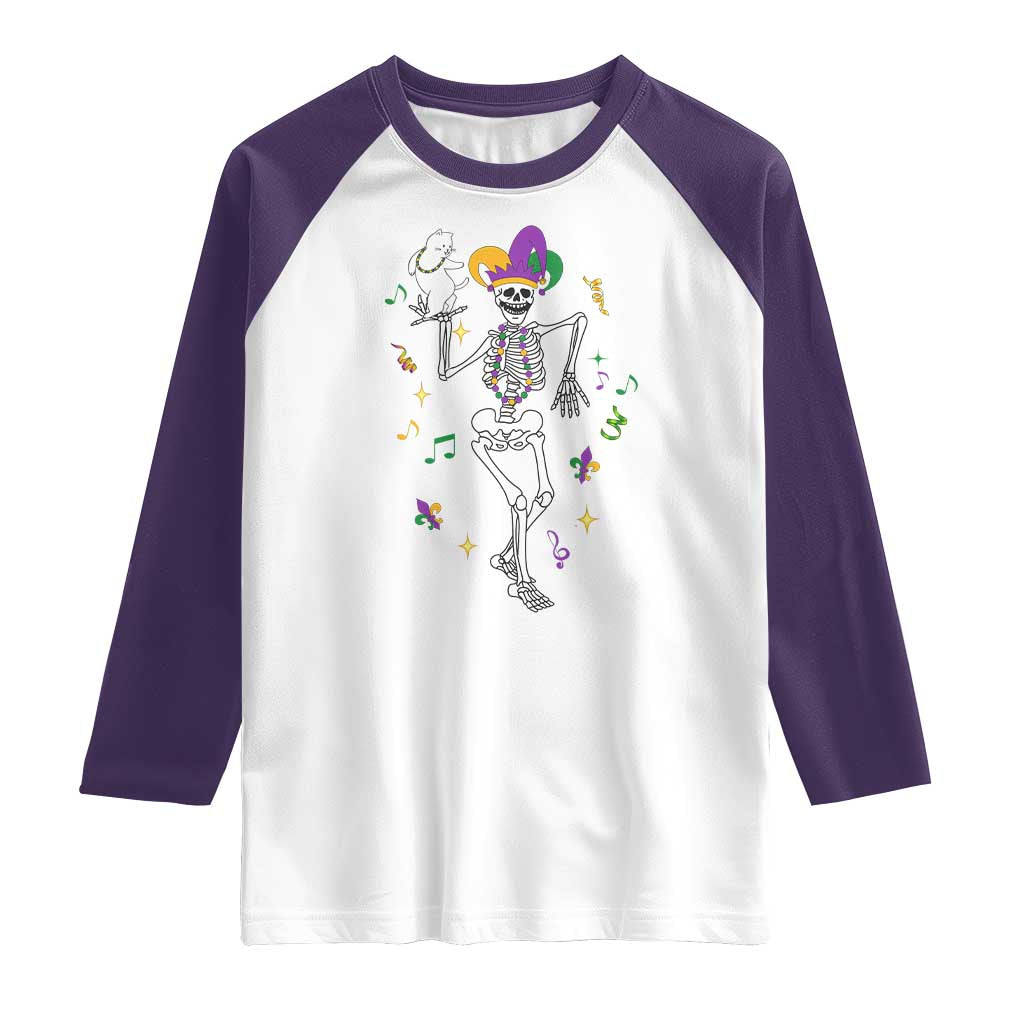 Mardi Gras Funny Jester Skeleton Dancing With Cat Raglan Shirt TS09 White Purple Print Your Wear