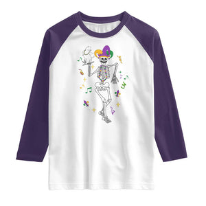 Mardi Gras Funny Jester Skeleton Dancing With Cat Raglan Shirt TS09 White Purple Print Your Wear