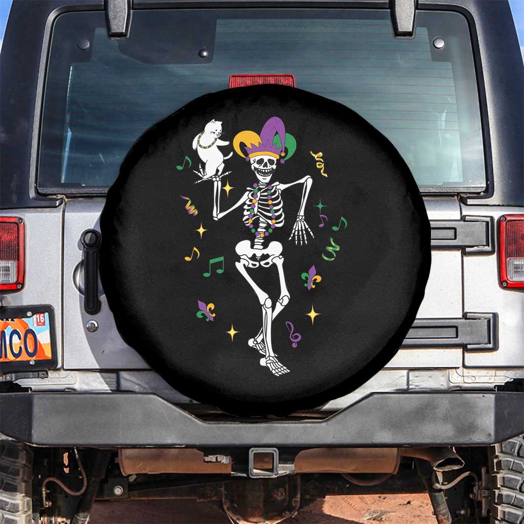 Mardi Gras Funny Jester Skeleton Dancing With Cat Spare Tire Cover TS09 No hole Black Print Your Wear