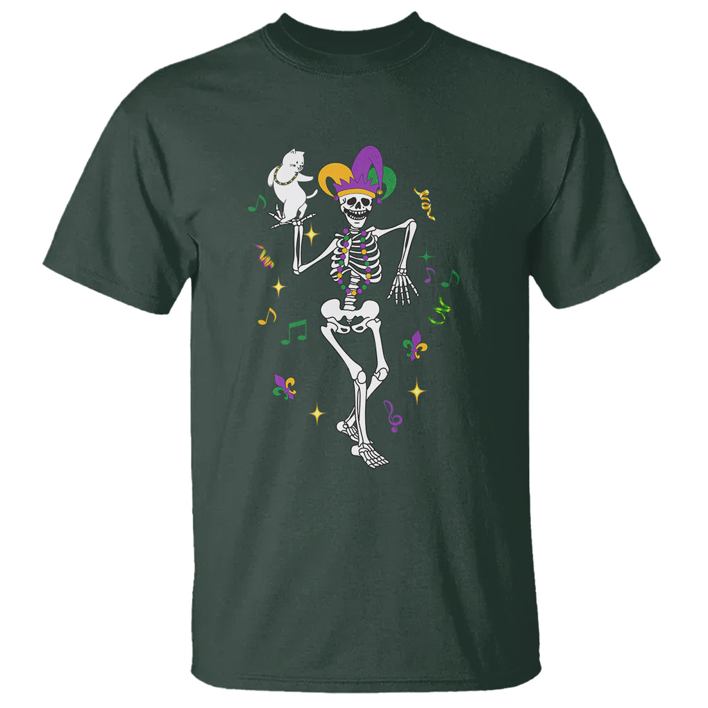 Mardi Gras Funny Jester Skeleton Dancing With Cat T Shirt TS09 Dark Forest Green Printyourwear