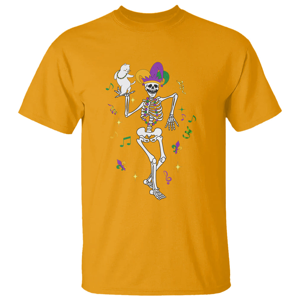 Mardi Gras Funny Jester Skeleton Dancing With Cat T Shirt TS09 Gold Printyourwear