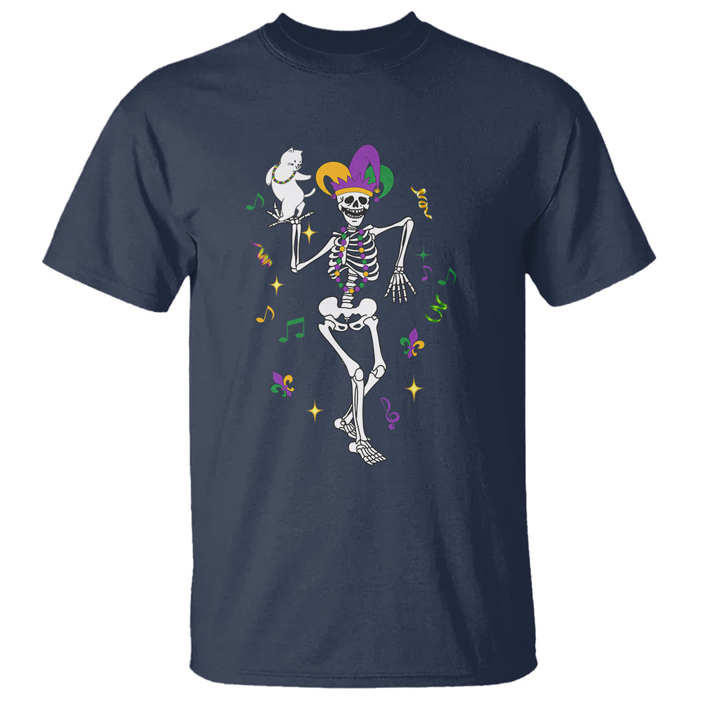 Mardi Gras Funny Jester Skeleton Dancing With Cat T Shirt TS09 Navy Printyourwear