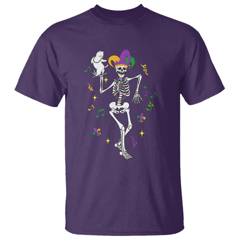 Mardi Gras Funny Jester Skeleton Dancing With Cat T Shirt TS09 Purple Printyourwear