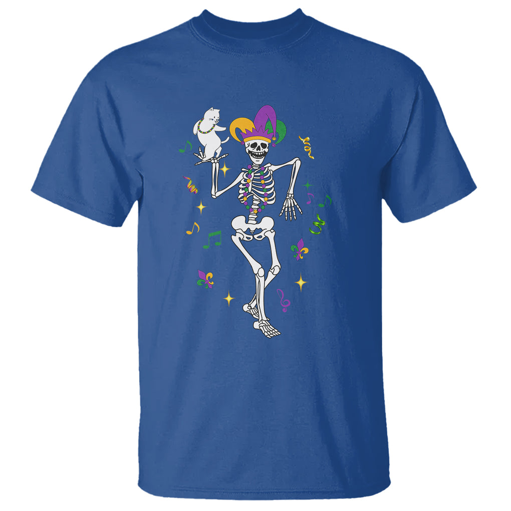 Mardi Gras Funny Jester Skeleton Dancing With Cat T Shirt TS09 Royal Blue Printyourwear