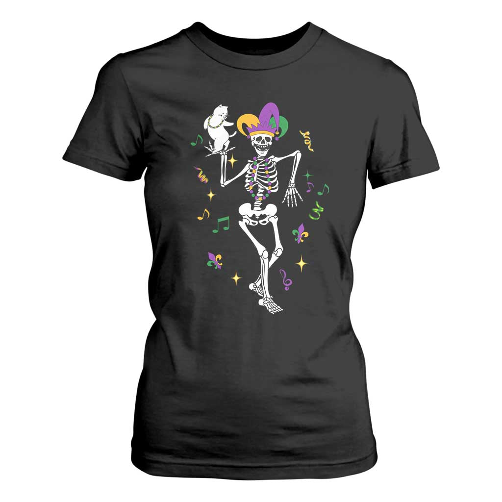 Mardi Gras Funny Jester Skeleton Dancing With Cat T Shirt For Women TS09 Black Print Your Wear