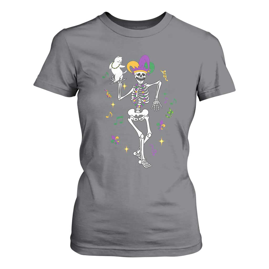 Mardi Gras Funny Jester Skeleton Dancing With Cat T Shirt For Women TS09 Charcoal Print Your Wear
