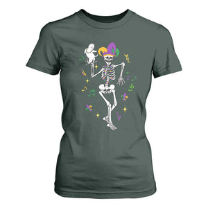 Mardi Gras Funny Jester Skeleton Dancing With Cat T Shirt For Women TS09 Dark Forest Green Print Your Wear