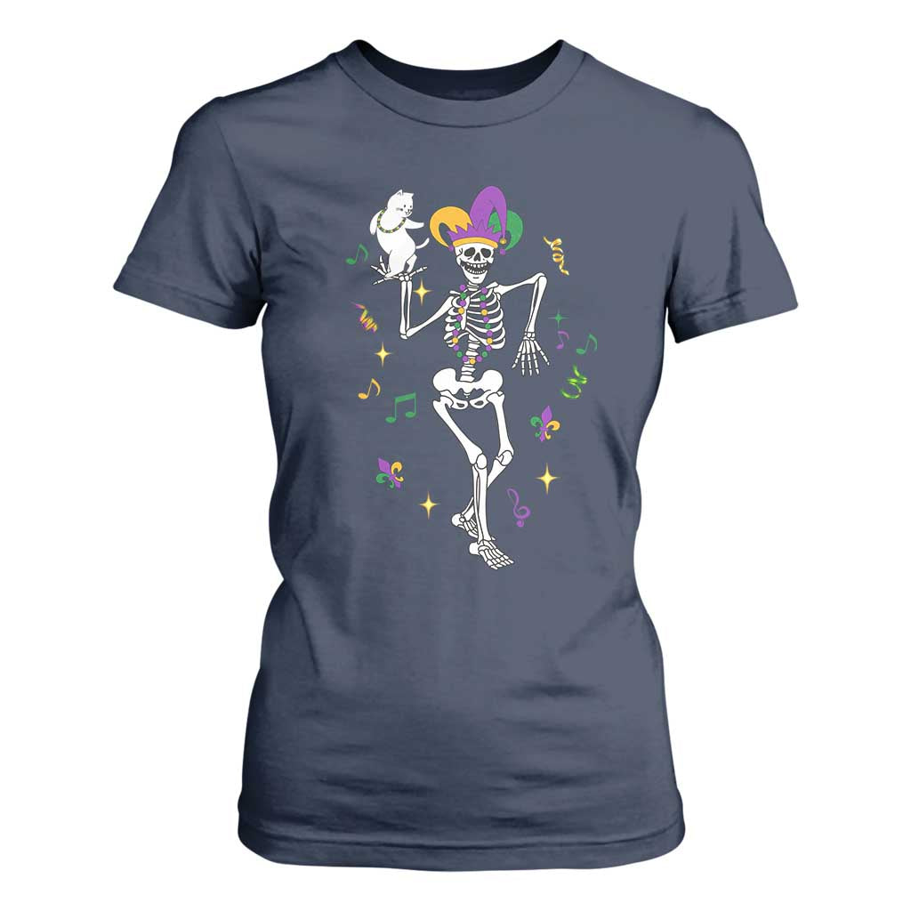 Mardi Gras Funny Jester Skeleton Dancing With Cat T Shirt For Women TS09 Navy Print Your Wear