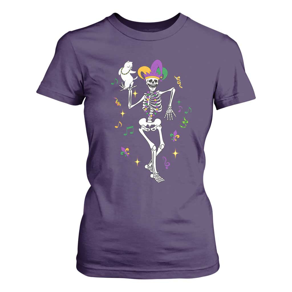 Mardi Gras Funny Jester Skeleton Dancing With Cat T Shirt For Women TS09 Purple Print Your Wear