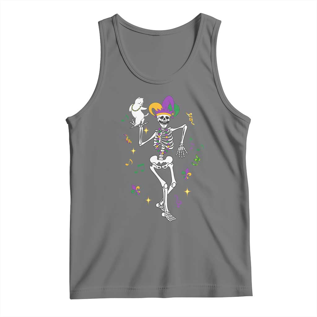 Mardi Gras Funny Jester Skeleton Dancing With Cat Tank Top TS09 Black Heather Print Your Wear