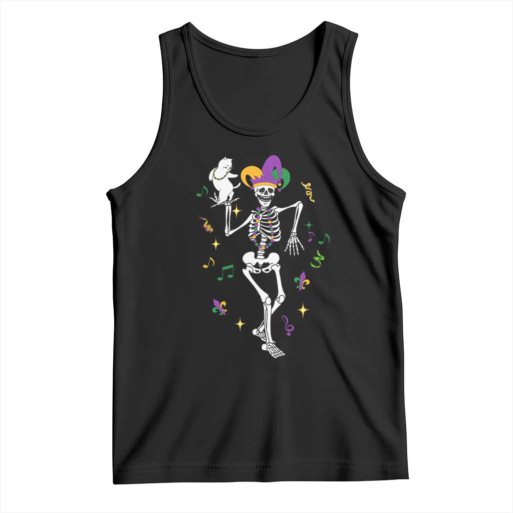 Mardi Gras Funny Jester Skeleton Dancing With Cat Tank Top TS09 Black Print Your Wear