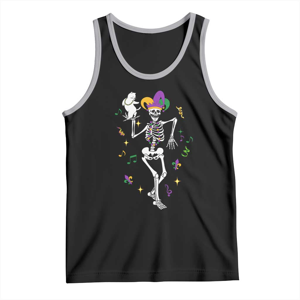 Mardi Gras Funny Jester Skeleton Dancing With Cat Tank Top TS09 Black Athletic Heather Print Your Wear