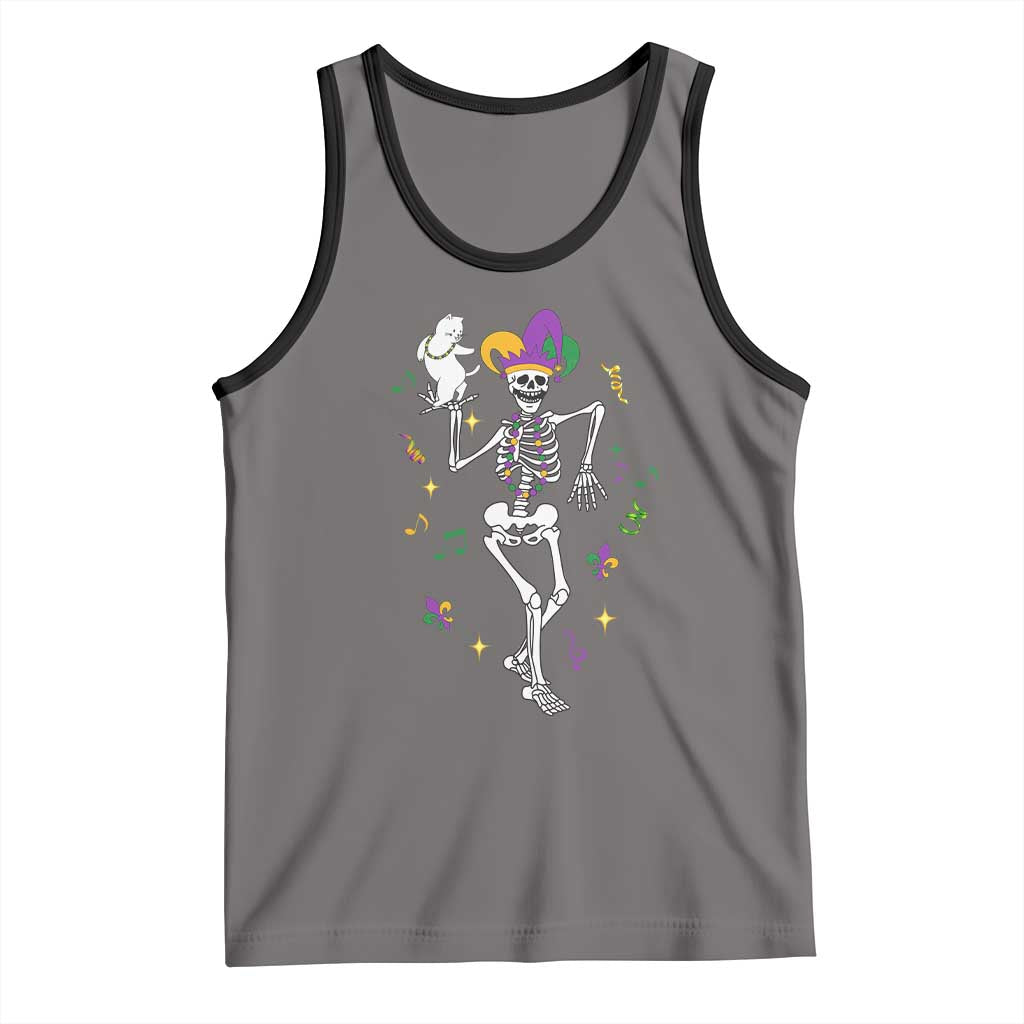 Mardi Gras Funny Jester Skeleton Dancing With Cat Tank Top TS09 Deep Heather Black Print Your Wear
