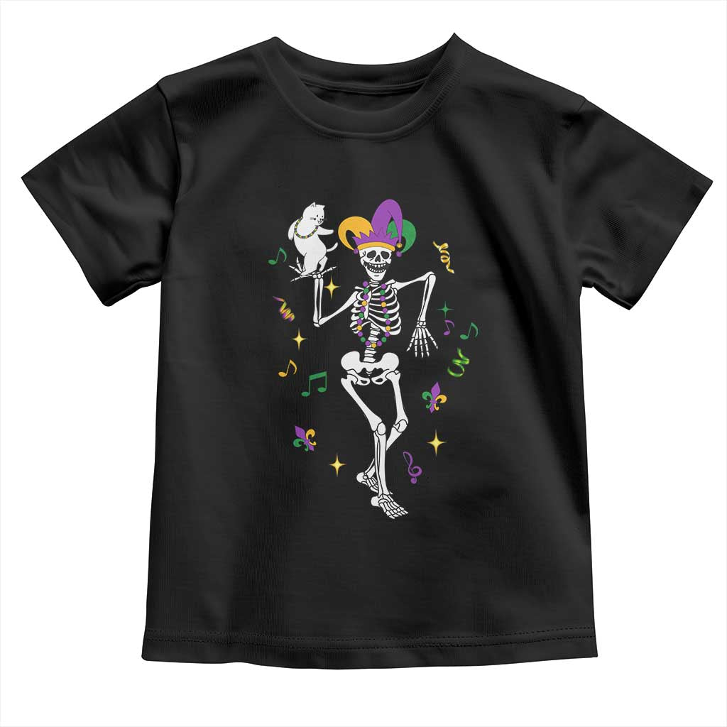 Mardi Gras Funny Jester Skeleton Dancing With Cat Toddler T Shirt TS09 Black Print Your Wear