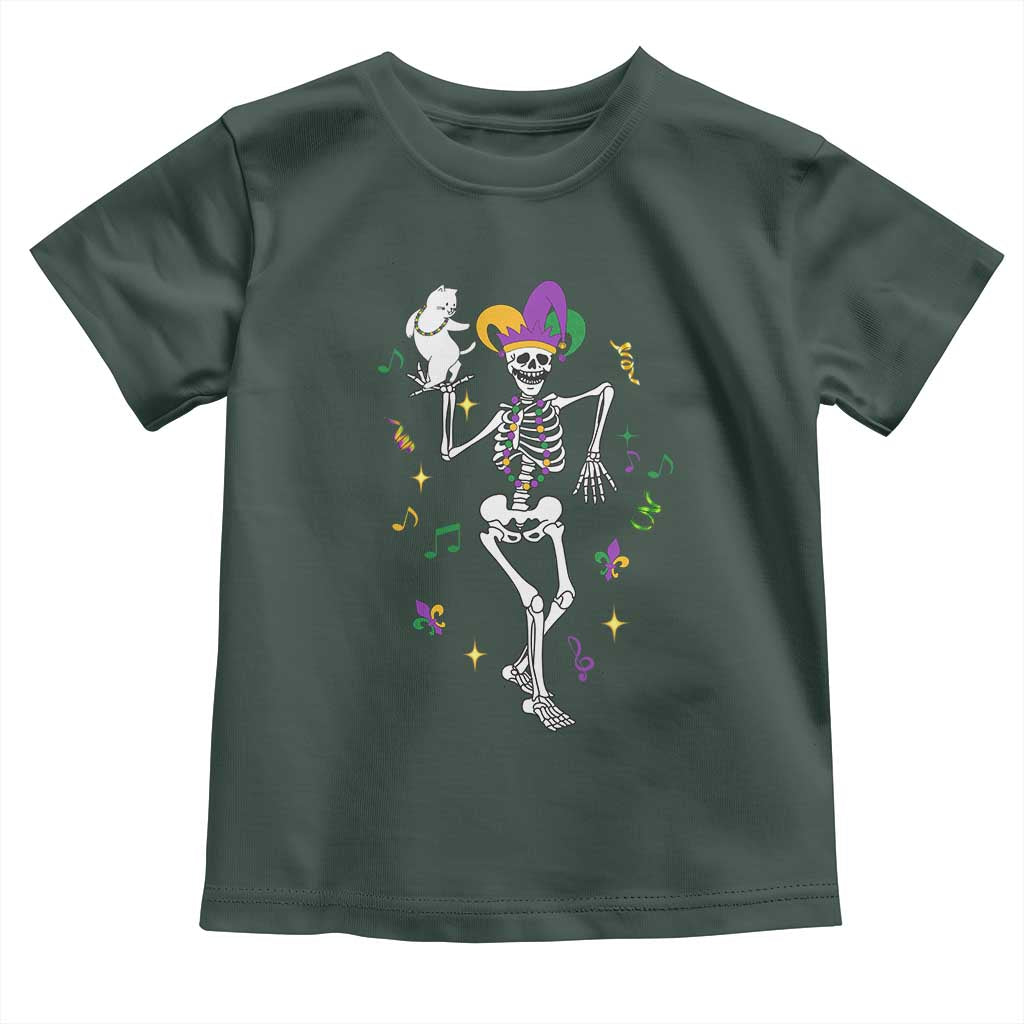 Mardi Gras Funny Jester Skeleton Dancing With Cat Toddler T Shirt TS09 Dark Forest Green Print Your Wear