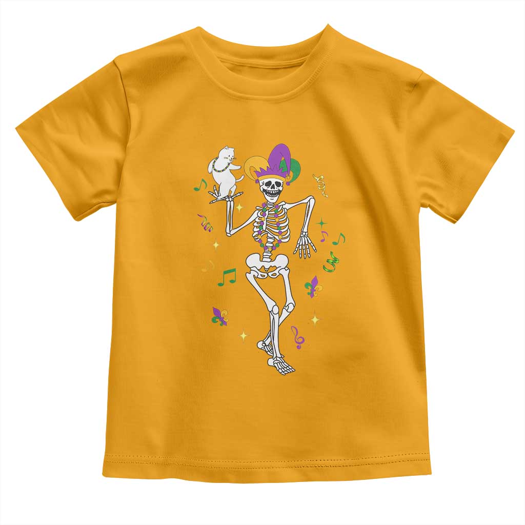 Mardi Gras Funny Jester Skeleton Dancing With Cat Toddler T Shirt TS09 Gold Print Your Wear