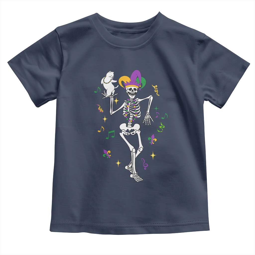 Mardi Gras Funny Jester Skeleton Dancing With Cat Toddler T Shirt TS09 Navy Print Your Wear