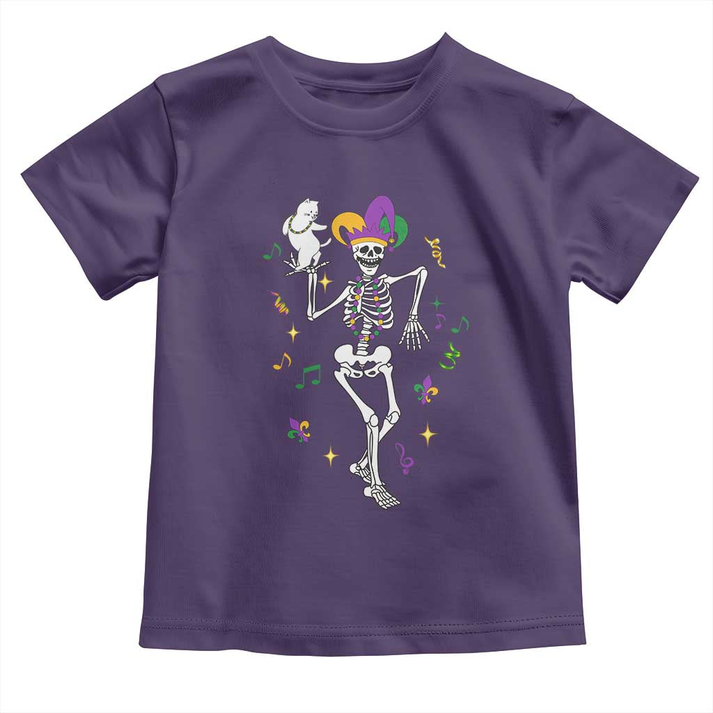 Mardi Gras Funny Jester Skeleton Dancing With Cat Toddler T Shirt TS09 Purple Print Your Wear