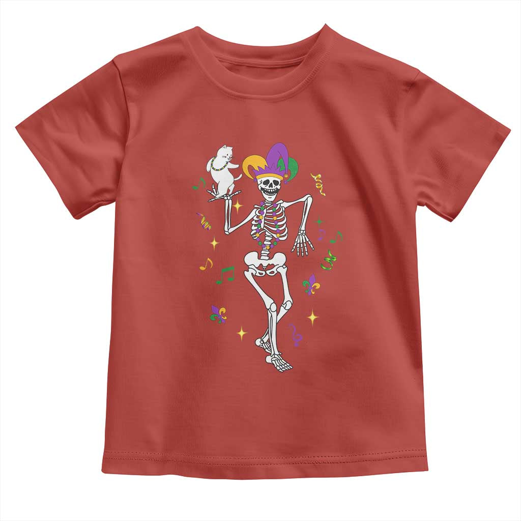 Mardi Gras Funny Jester Skeleton Dancing With Cat Toddler T Shirt TS09 Red Print Your Wear