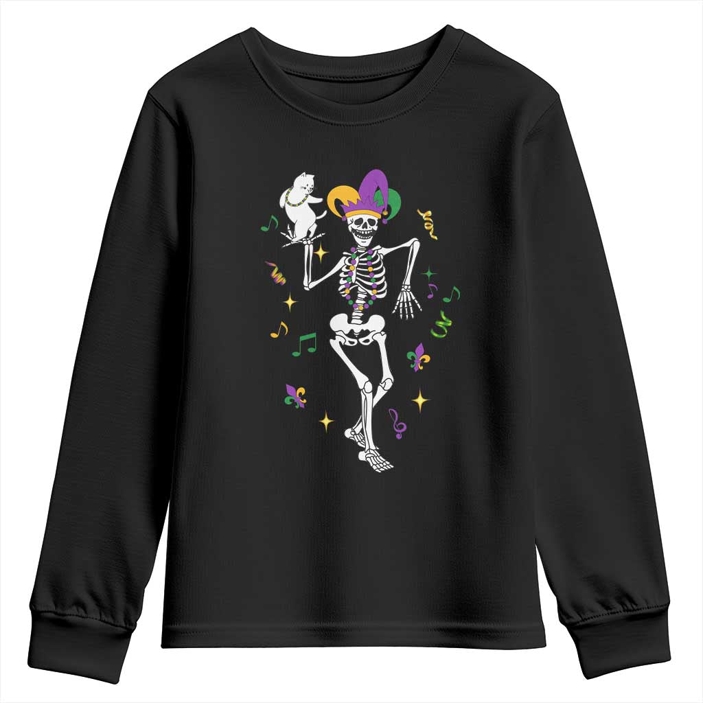 Mardi Gras Funny Jester Skeleton Dancing With Cat Youth Sweatshirt TS09 Black Print Your Wear
