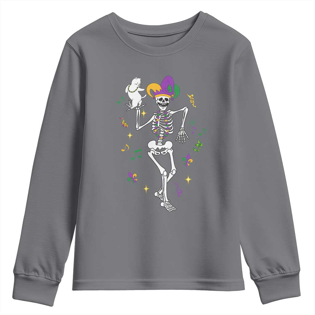 Mardi Gras Funny Jester Skeleton Dancing With Cat Youth Sweatshirt TS09 Charcoal Print Your Wear