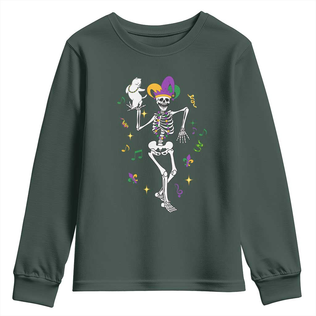 Mardi Gras Funny Jester Skeleton Dancing With Cat Youth Sweatshirt TS09 Dark Forest Green Print Your Wear