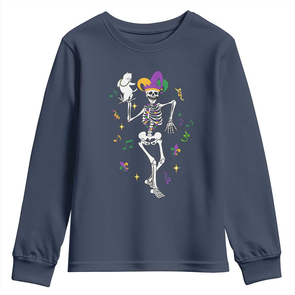 Mardi Gras Funny Jester Skeleton Dancing With Cat Youth Sweatshirt TS09 Navy Print Your Wear