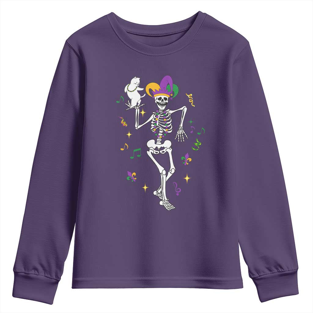 Mardi Gras Funny Jester Skeleton Dancing With Cat Youth Sweatshirt TS09 Purple Print Your Wear