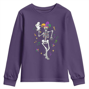 Mardi Gras Funny Jester Skeleton Dancing With Cat Youth Sweatshirt TS09 Purple Print Your Wear