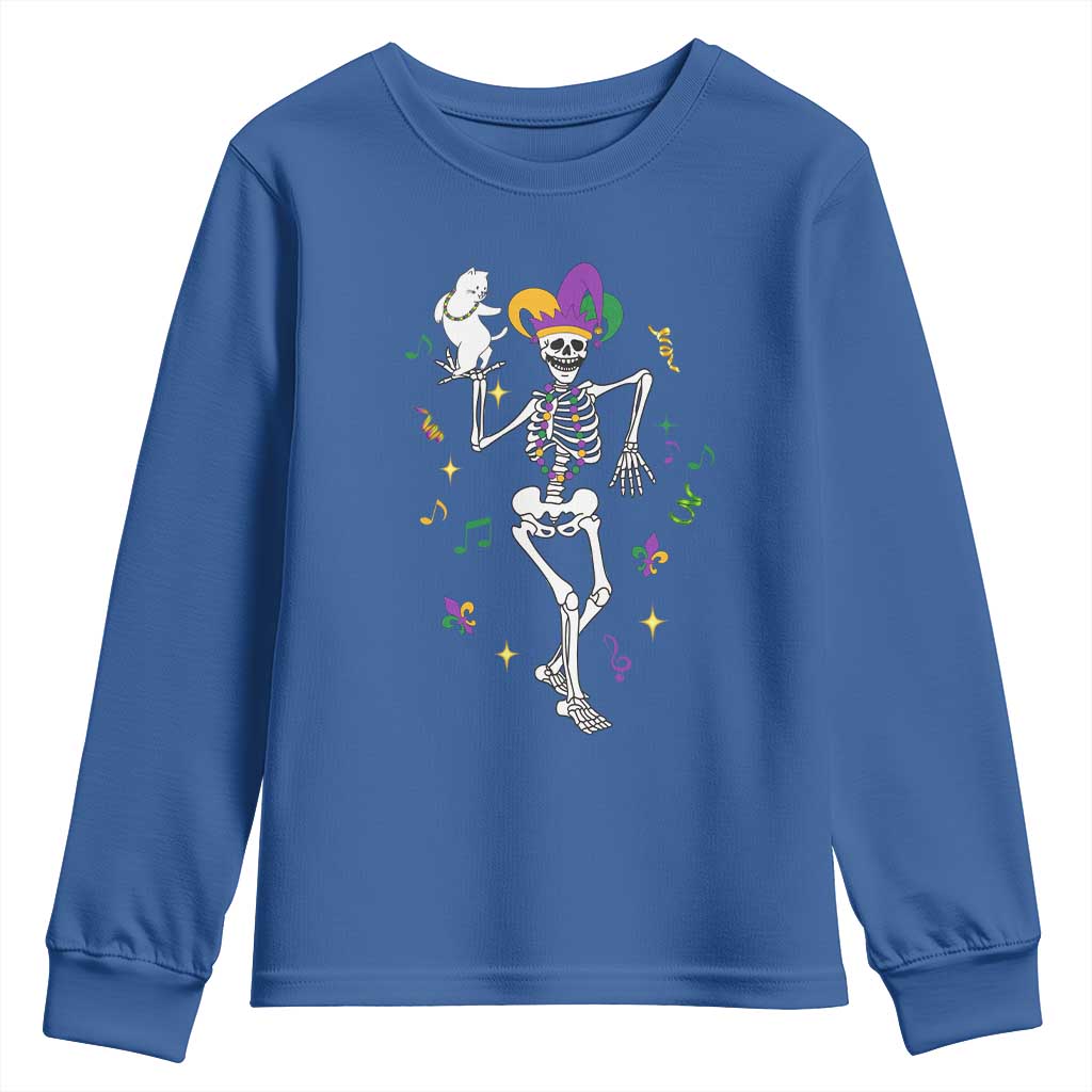 Mardi Gras Funny Jester Skeleton Dancing With Cat Youth Sweatshirt TS09 Royal Blue Print Your Wear