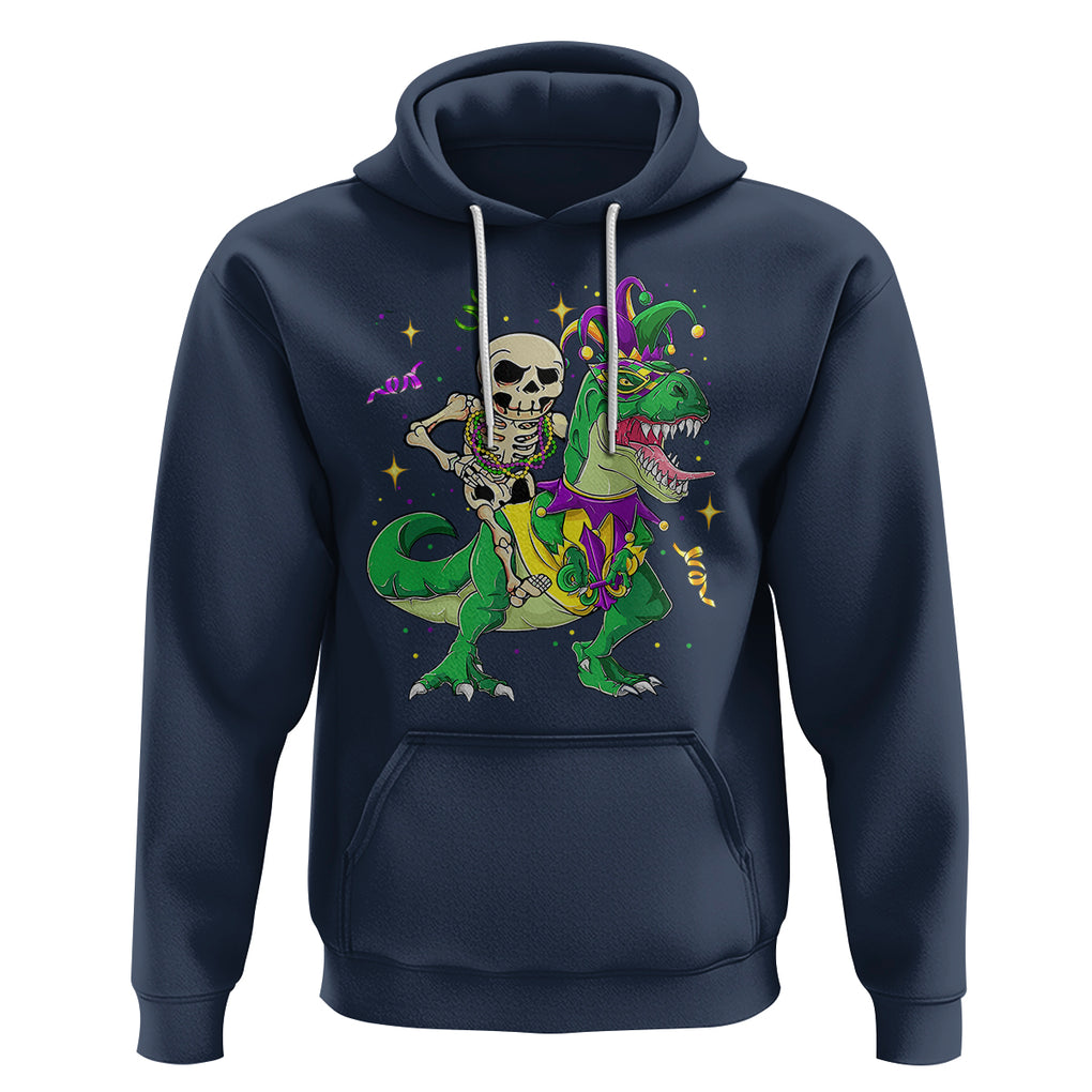 Mardi Gras Funny Skeleton On Dinosaur Jester Beads Hoodie TS09 Navy Printyourwear