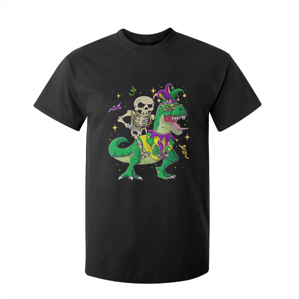 Mardi Gras Funny Skeleton On Dinosaur Jester Beads T Shirt For Kid TS09 Black Print Your Wear
