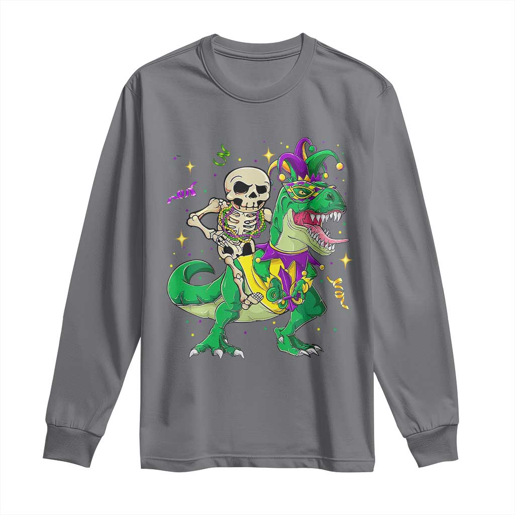 Mardi Gras Funny Skeleton On Dinosaur Jester Beads Long Sleeve Shirt TS09 Charcoal Print Your Wear