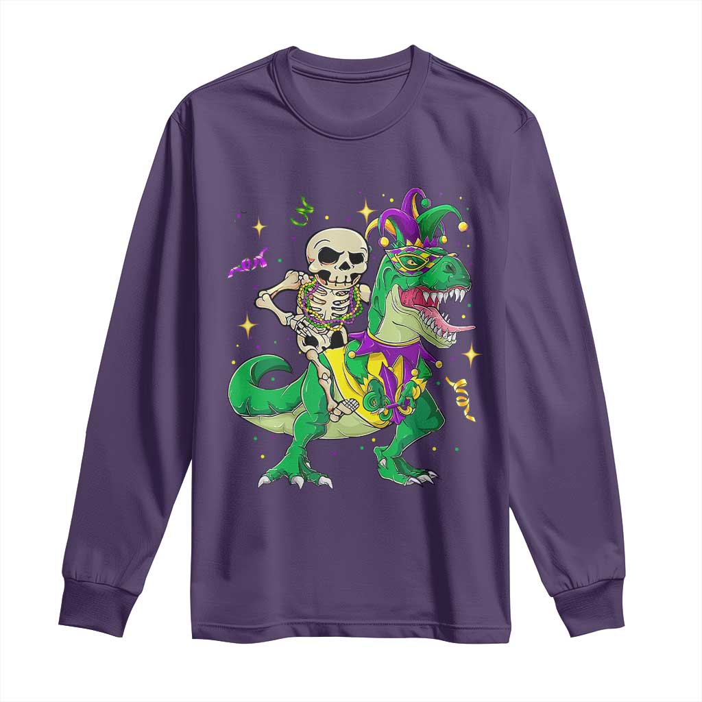 Mardi Gras Funny Skeleton On Dinosaur Jester Beads Long Sleeve Shirt TS09 Purple Print Your Wear