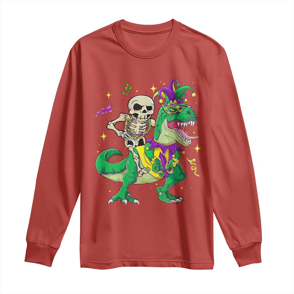 Mardi Gras Funny Skeleton On Dinosaur Jester Beads Long Sleeve Shirt TS09 Red Print Your Wear