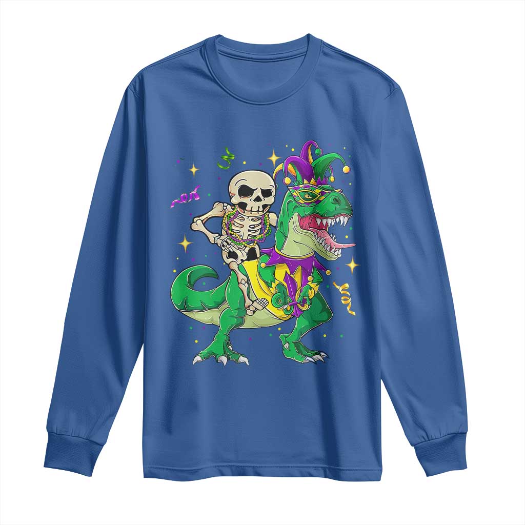 Mardi Gras Funny Skeleton On Dinosaur Jester Beads Long Sleeve Shirt TS09 Royal Blue Print Your Wear