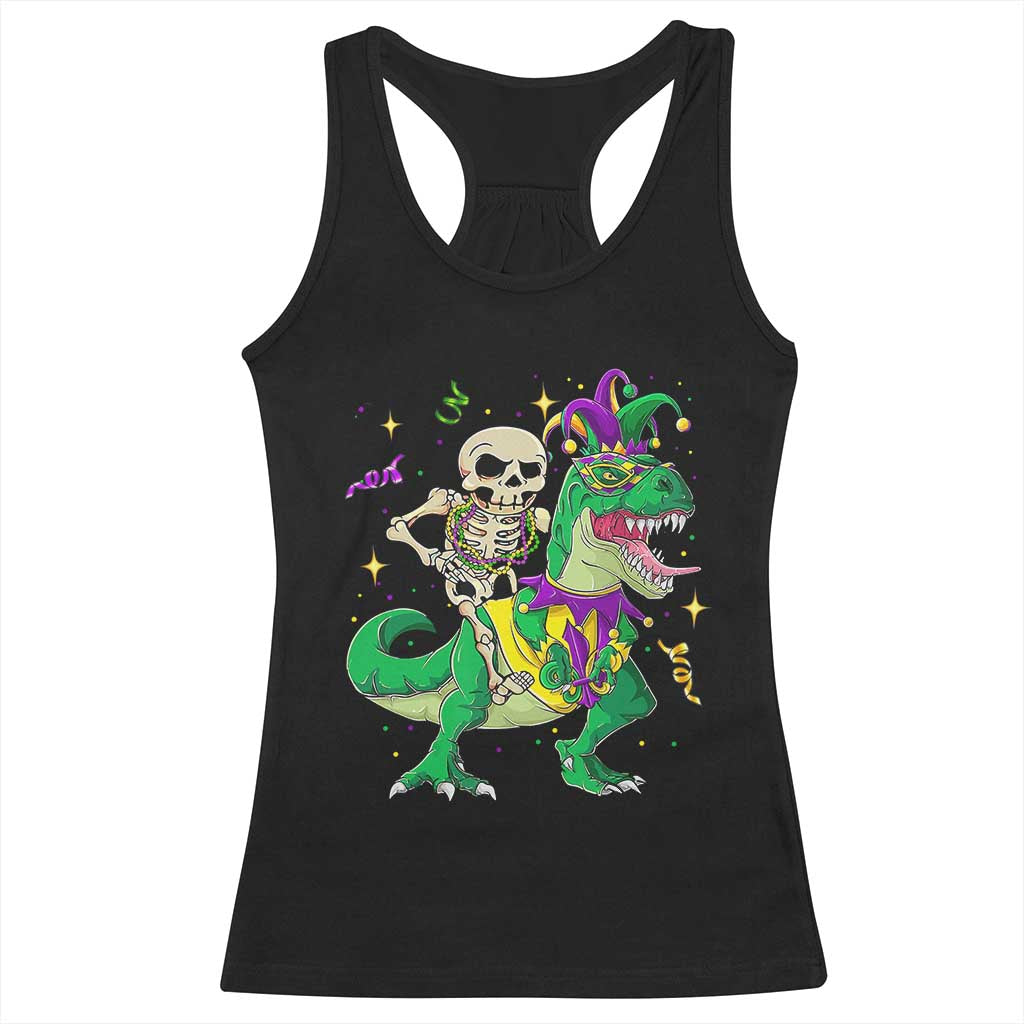 Mardi Gras Funny Skeleton On Dinosaur Jester Beads Racerback Tank Top TS09 Black Print Your Wear