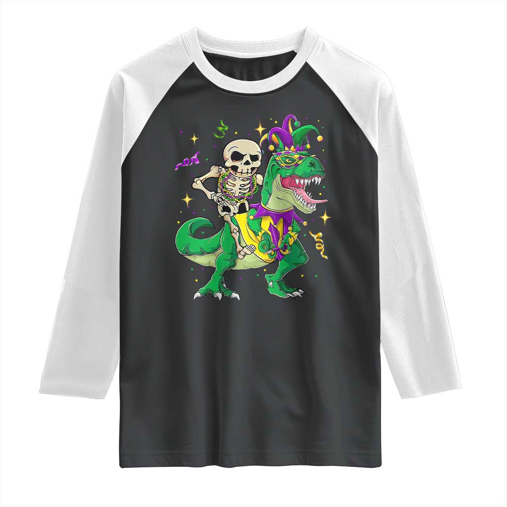 Mardi Gras Funny Skeleton On Dinosaur Jester Beads Raglan Shirt TS09 Black White Print Your Wear