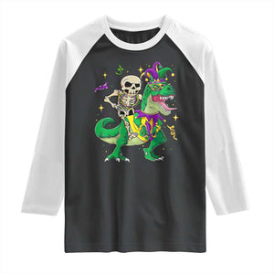 Mardi Gras Funny Skeleton On Dinosaur Jester Beads Raglan Shirt TS09 Black White Print Your Wear