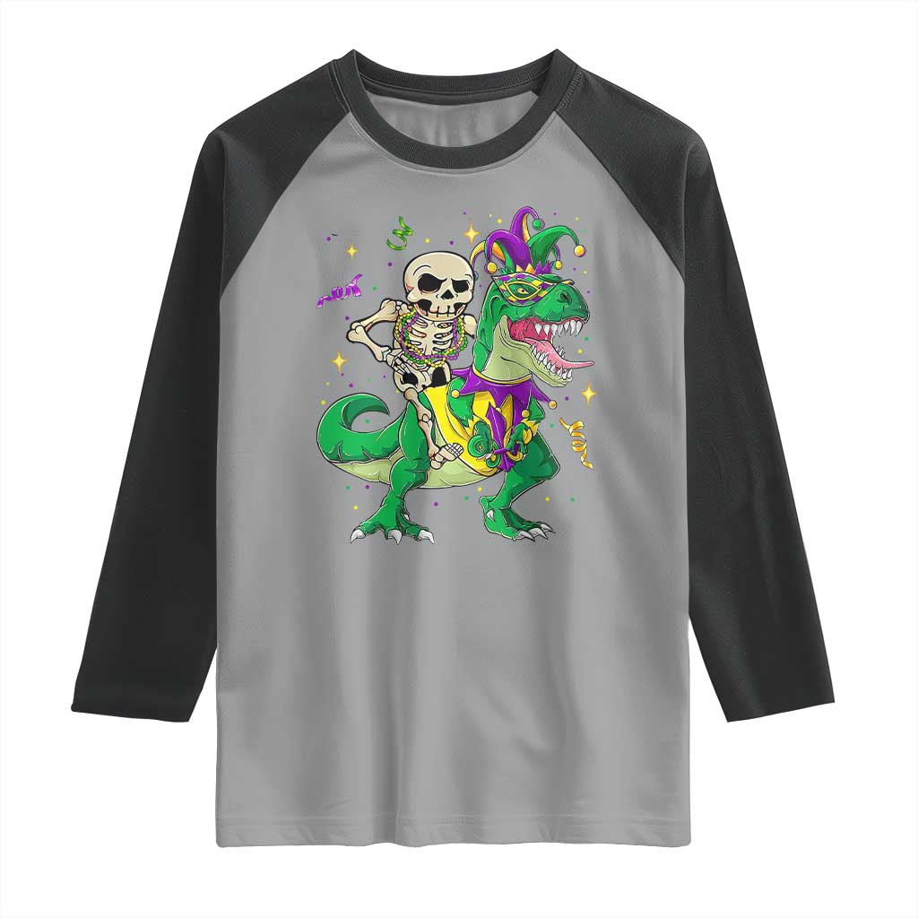 Mardi Gras Funny Skeleton On Dinosaur Jester Beads Raglan Shirt TS09 Sport Gray Black Print Your Wear