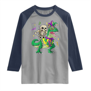 Mardi Gras Funny Skeleton On Dinosaur Jester Beads Raglan Shirt TS09 Sport Gray Navy Print Your Wear