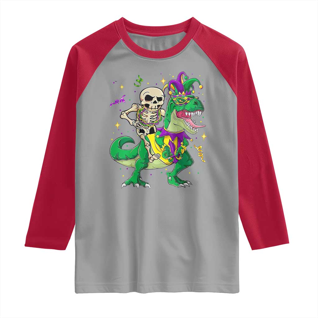 Mardi Gras Funny Skeleton On Dinosaur Jester Beads Raglan Shirt TS09 Sport Gray Red Print Your Wear