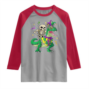 Mardi Gras Funny Skeleton On Dinosaur Jester Beads Raglan Shirt TS09 Sport Gray Red Print Your Wear