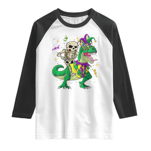 Mardi Gras Funny Skeleton On Dinosaur Jester Beads Raglan Shirt TS09 White Black Print Your Wear