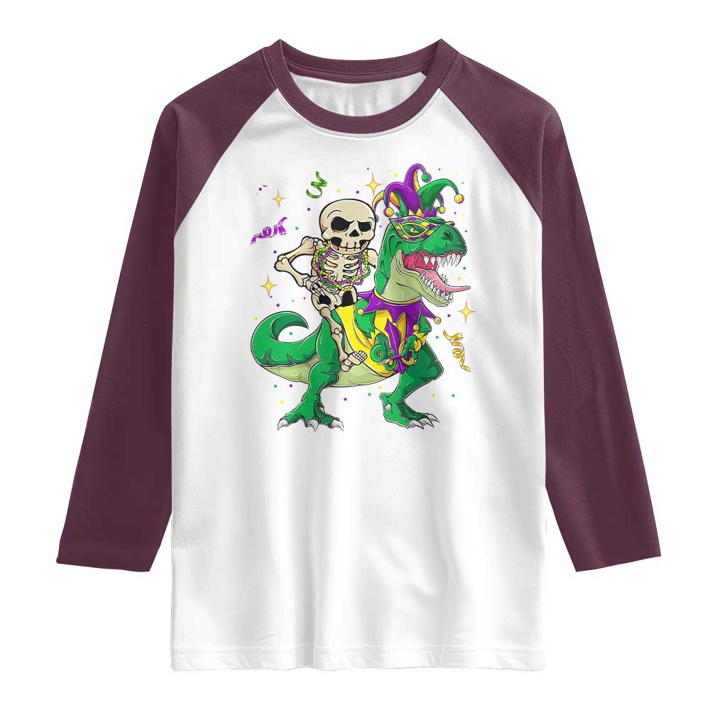 Mardi Gras Funny Skeleton On Dinosaur Jester Beads Raglan Shirt TS09 White Maroon Print Your Wear