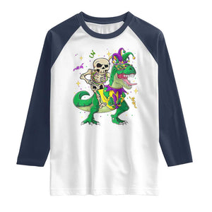 Mardi Gras Funny Skeleton On Dinosaur Jester Beads Raglan Shirt TS09 White Navy Print Your Wear